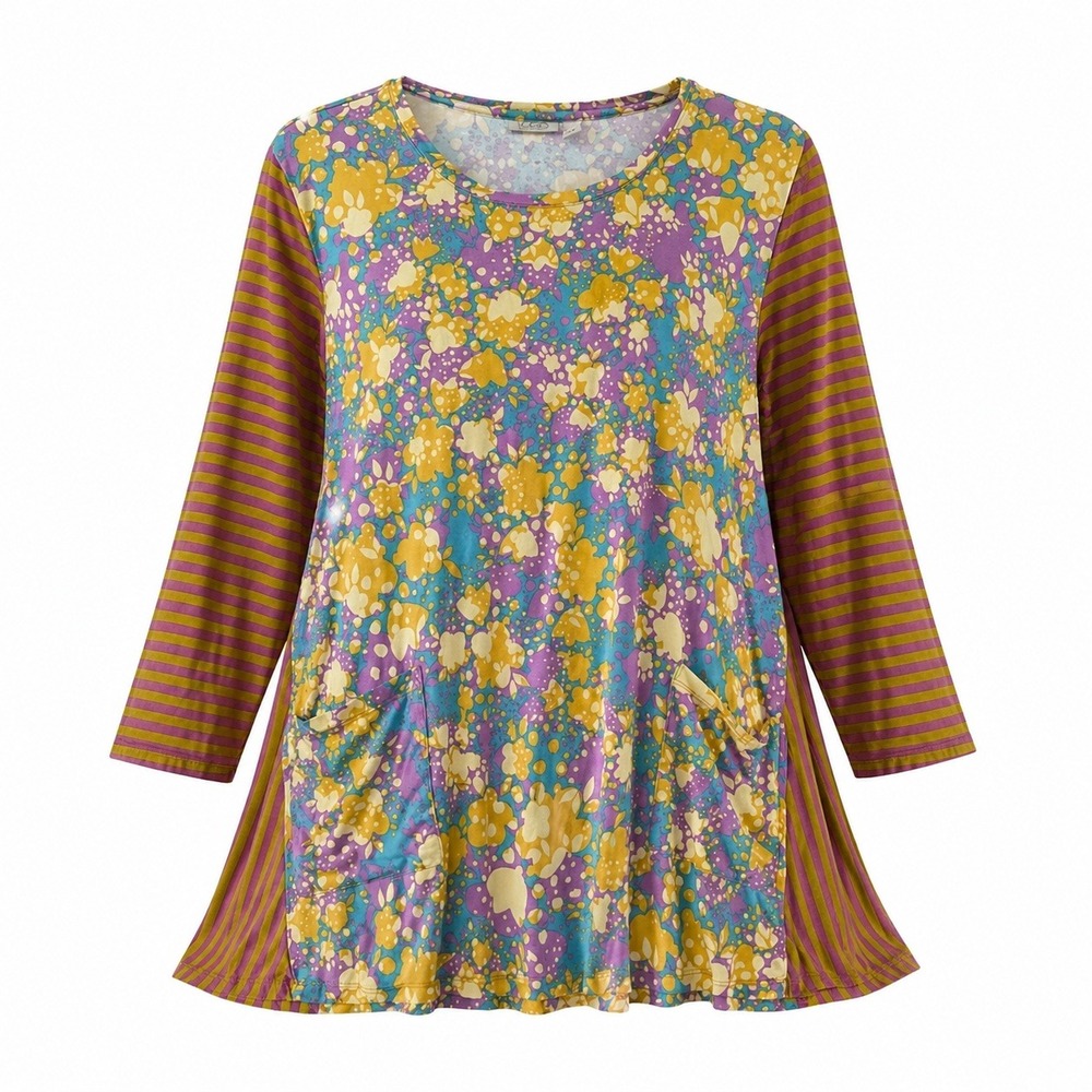 LOGO Lori Goldstein Floral Striped Tunic Top XL 3/4 Sleeve Pockets Multicolor